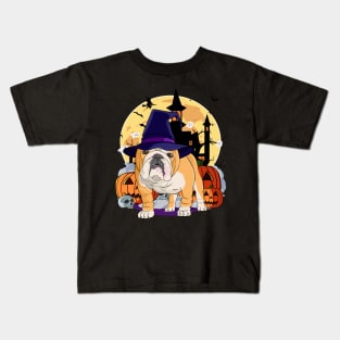 English Bulldog Happy Halloween Witch Pumpkin Kids T-Shirt